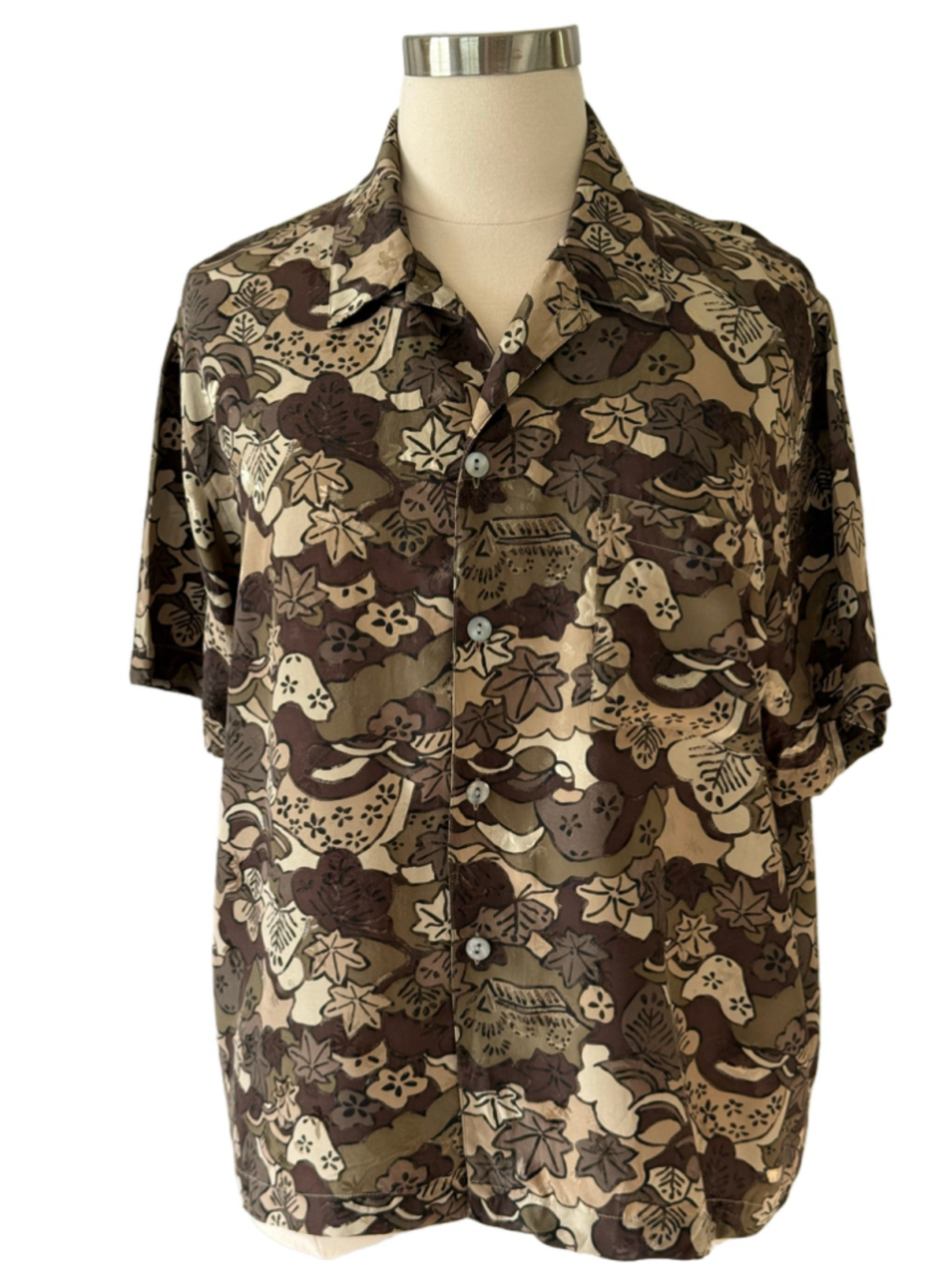 Women's Chico's Silk Camp Shirt Size 16 (Chico's 3) Brown Beige Floral Print